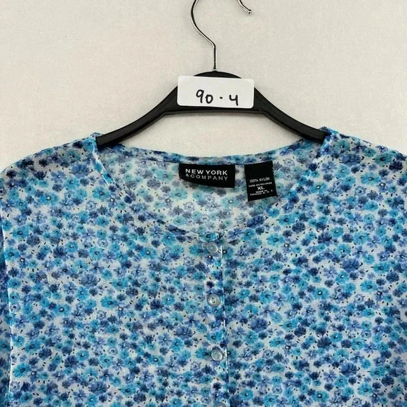 New York & Company Blouse Womens XL Blue Floral Button-Up Round Neck Long Sleeve - Picture 11 of 11
